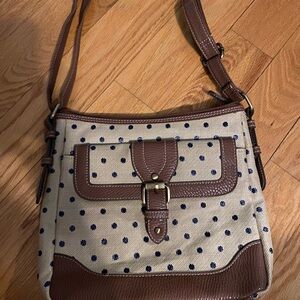 Cream and Brown Polka Dot Crossbody Bag with Leather Accents